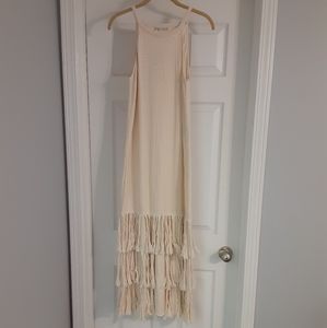 Zara Cream Textured Knit Fringe Bottom Mini Dress